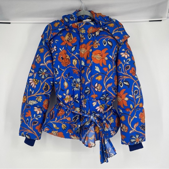 RHODE Jackets & Blazers - RHODE Blue Orange Floral Wrap Hooded Winter Designer Boho Puffer Coat Small NWOT